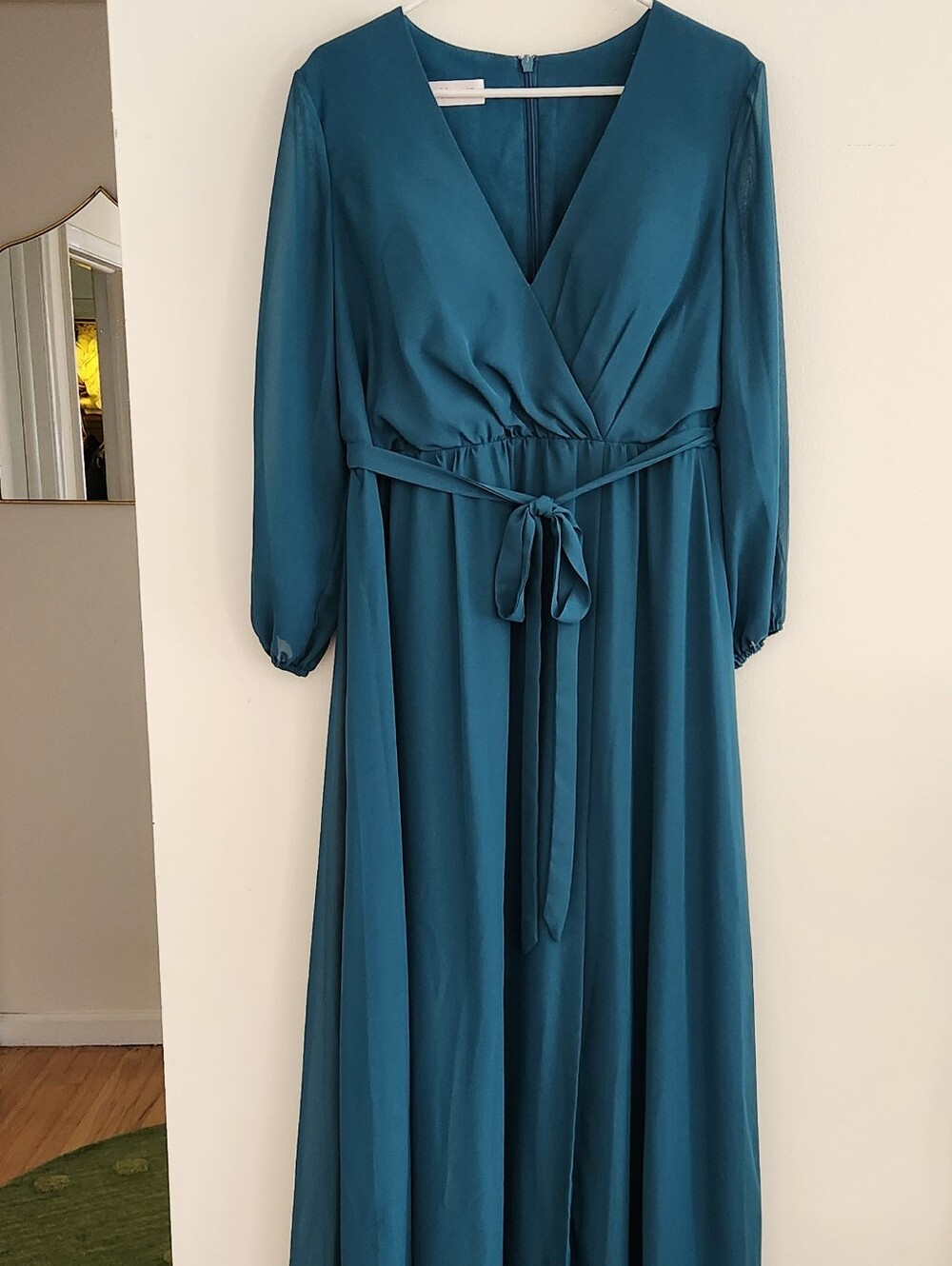 NWT JJ’s House Peacock Teal Long Sleeve Chiffon Bridesmaid Dress US 14